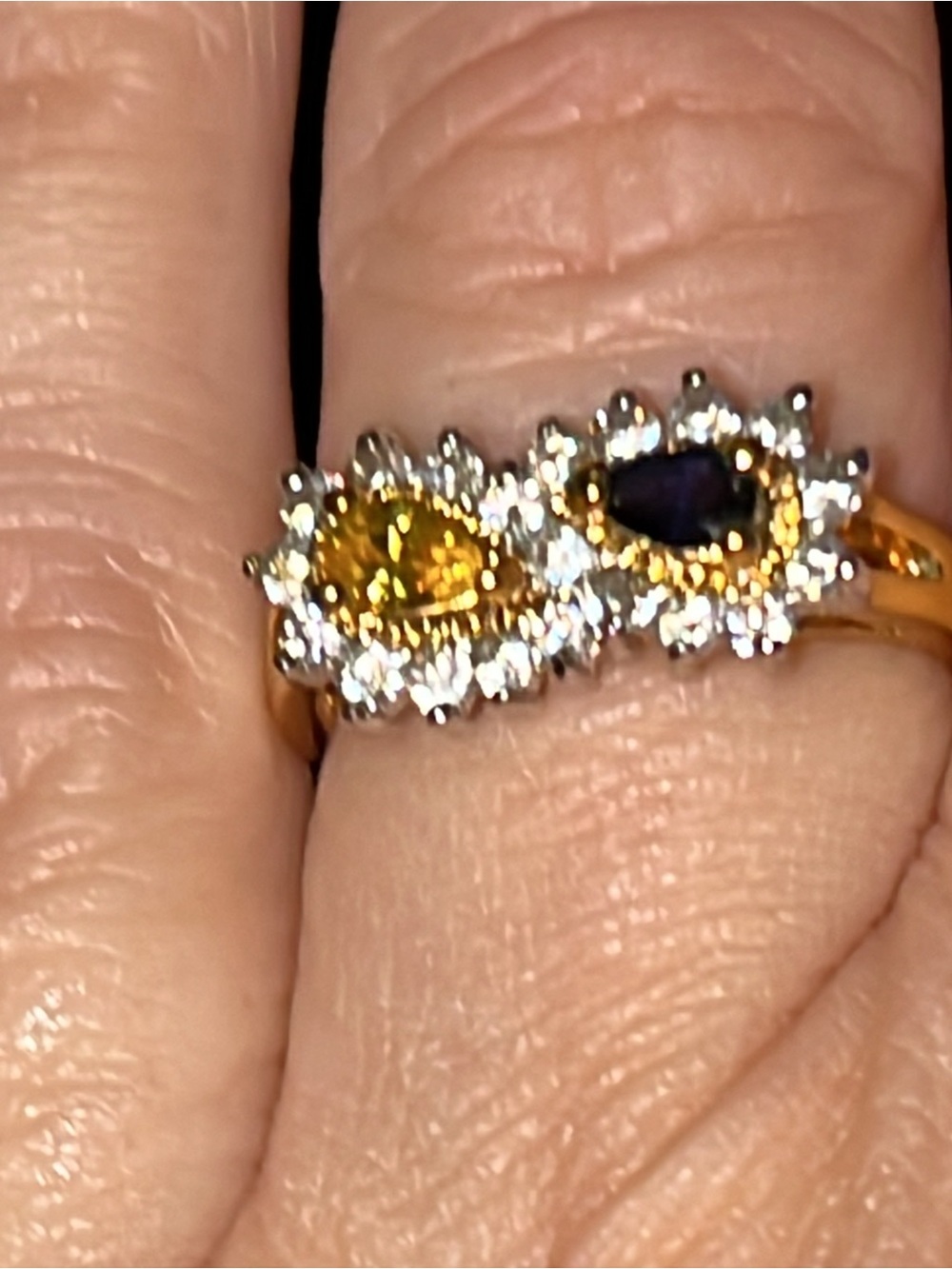 Gold Ring with Yellow and Dark Blue Teardrop Stones and Clear Accents